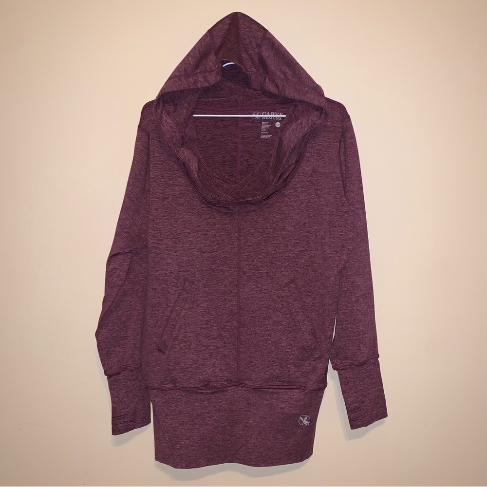 Long Sleeve Athletic Top Tunic Hood Pockets Maroon